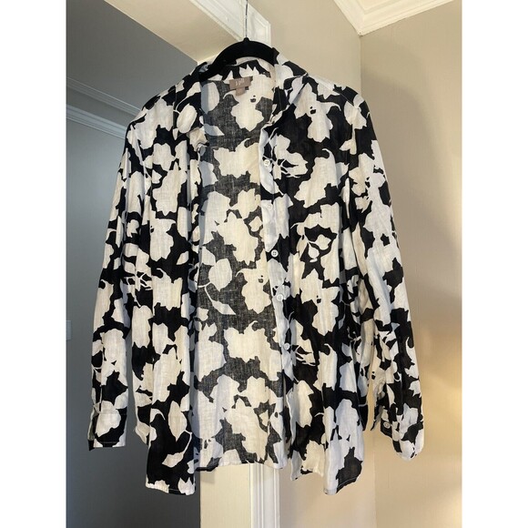 J. Jill Small Petite Floral Top Button Up Long Sleeve Black/White 100% Linen - Picture 2 of 7